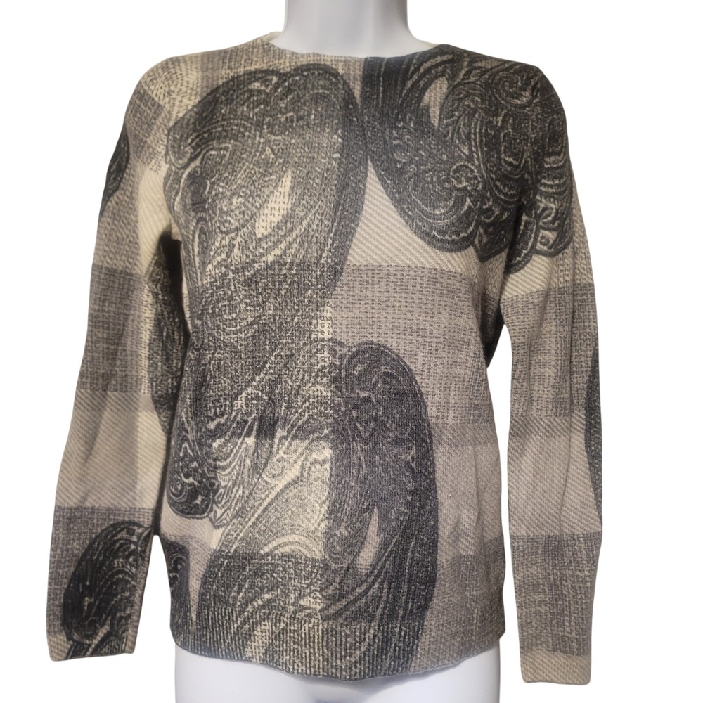 Talbots Petites Small Pure Cashmere Sweater Grey Plaid Paisley Crewneck Knit Top